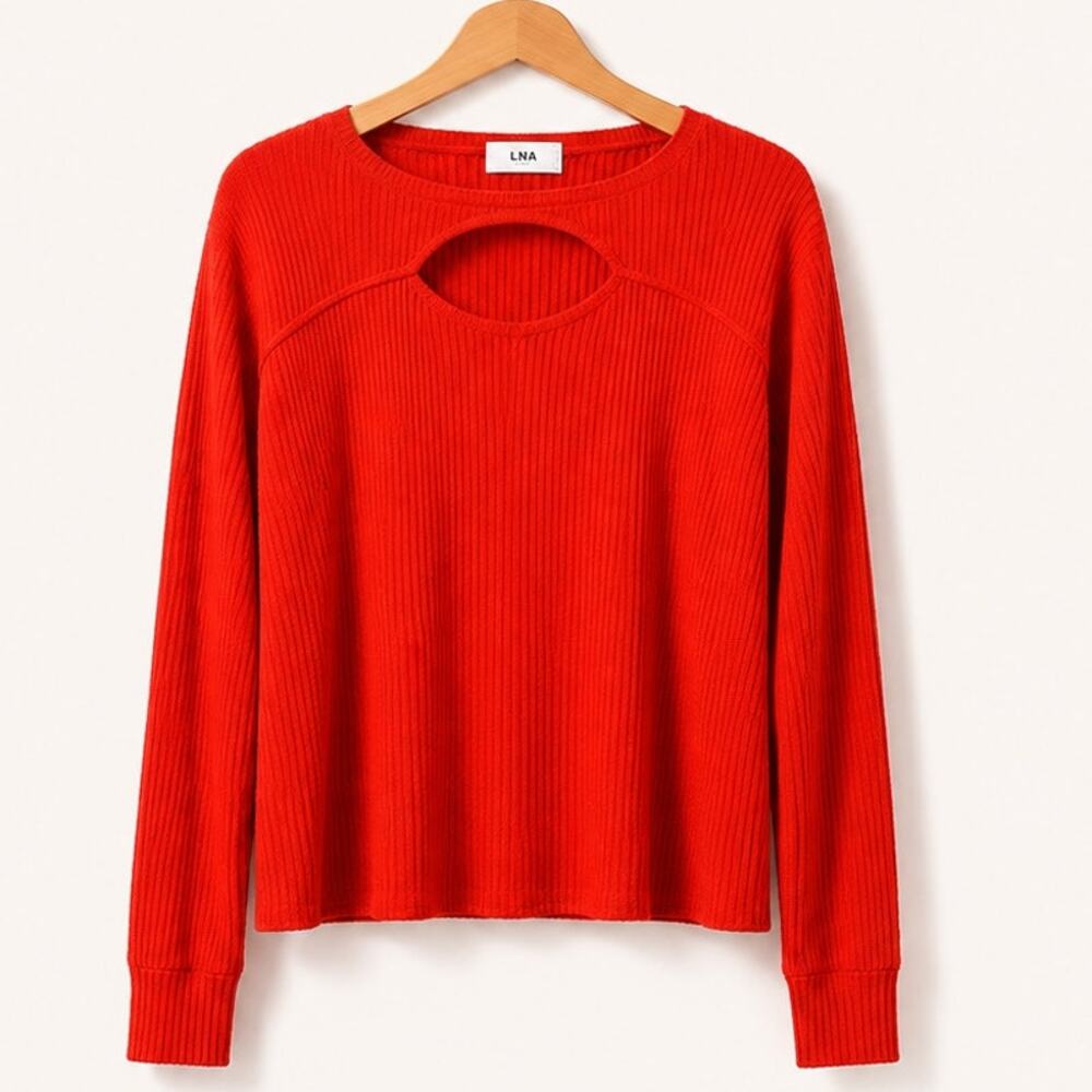 LNA Cori Ribbed Cutout Sweater Top Red Long Sleeve 1X NWT